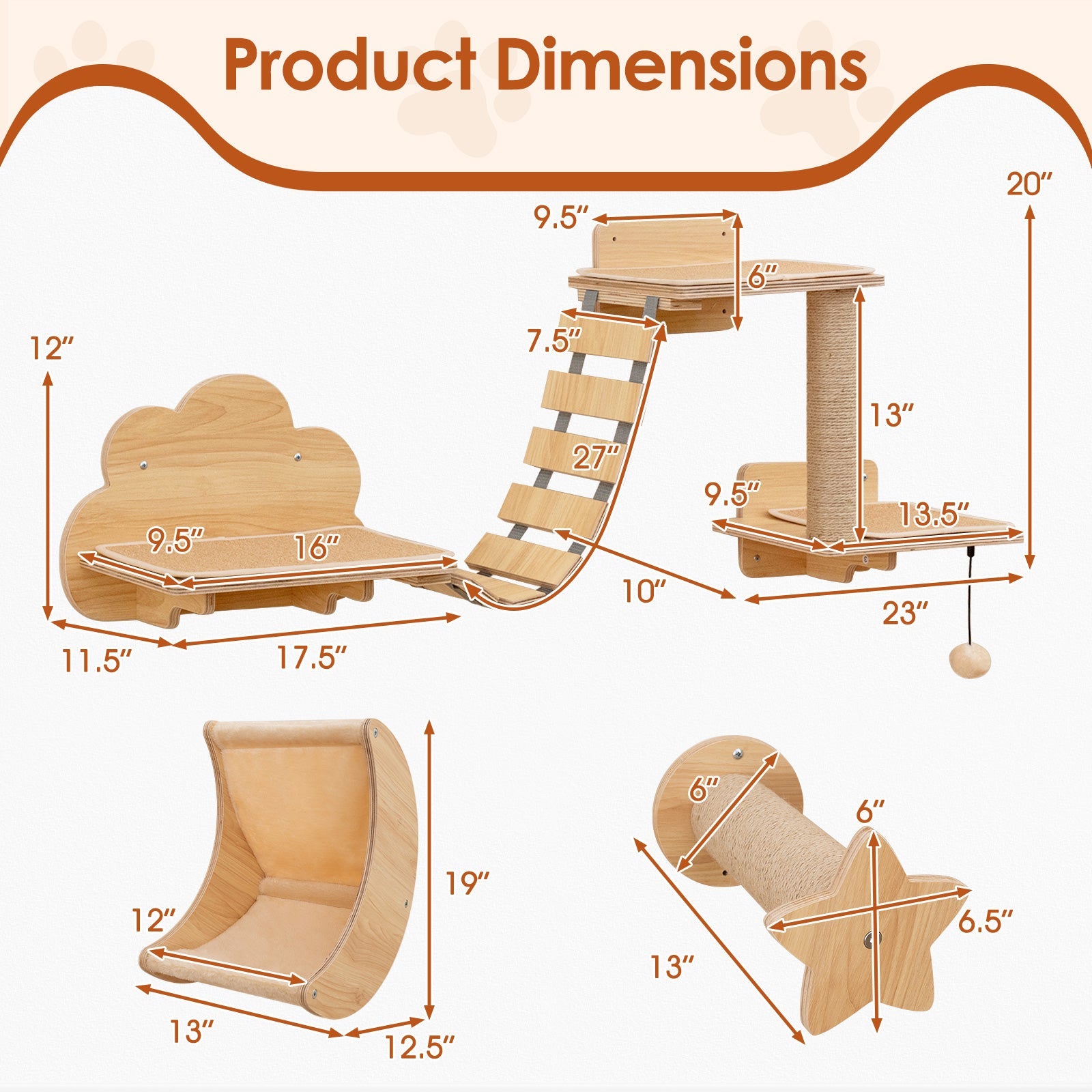 Cat Wall Furniture Set Kitten Wall Mounted Shelves with Hammock-Natural Default Title