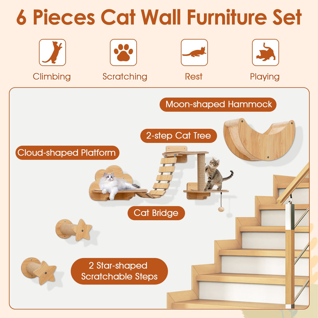 Cat Wall Furniture Set Kitten Wall Mounted Shelves with Hammock-Natural