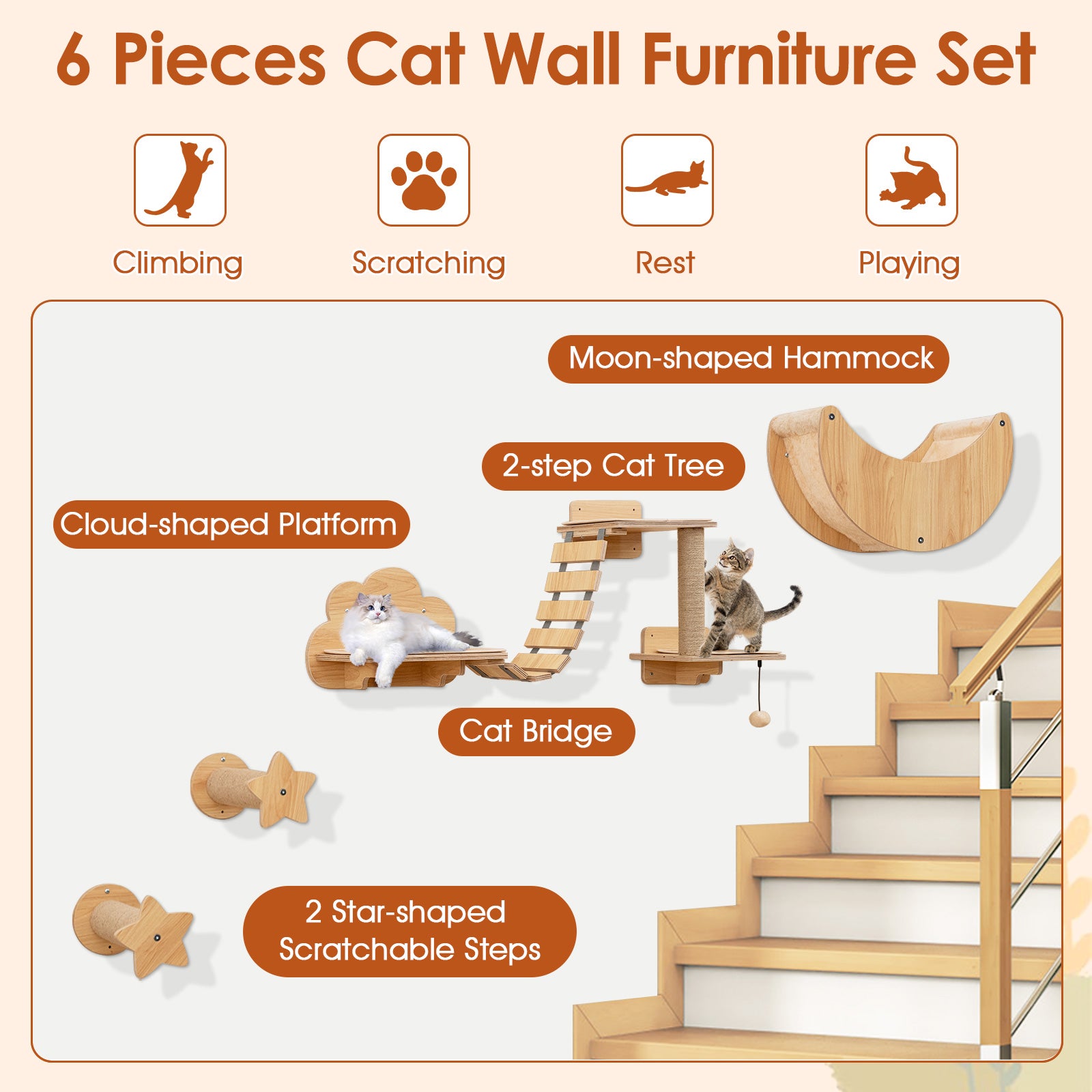 Cat Wall Furniture Set Kitten Wall Mounted Shelves with Hammock-Natural