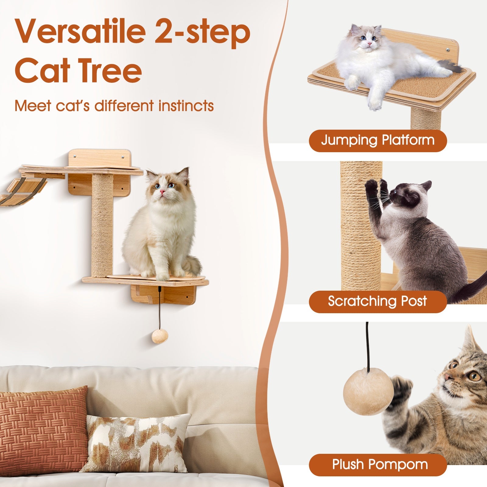 Cat Wall Furniture Set Kitten Wall Mounted Shelves with Hammock-Natural