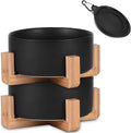 Ceramic Cat & Small Dog Bowl Set with Stand 13.5oz Non Slip Double Black