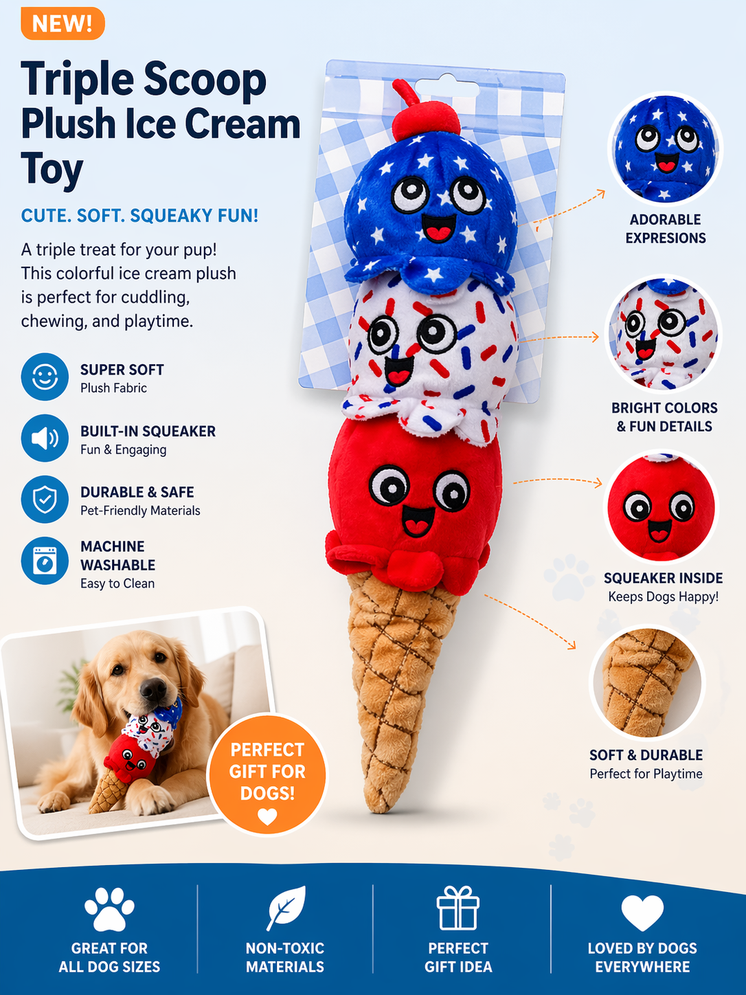 Cute Squeaky Dog Toy Ice Cream Plush | Soft Puppy Toy Palm Coast Pet Store Patriotic