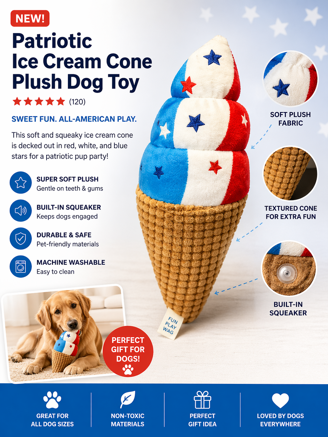Patriotic Squeaky Dog Toy Ice Cream Cone | Crinkle Plush Puppy Toy Palm Coast Pet Boutique