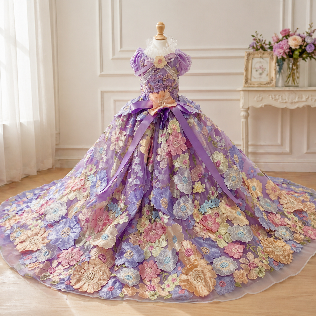 Luxury Lavender Floral Princess Dog Dress with Train – Light Purple Elegant Couture Pet Gown for Weddings & Photoshoots