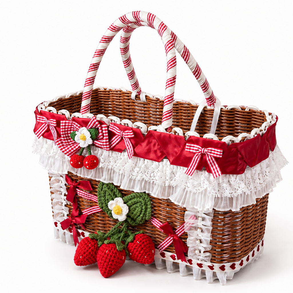 Strawberry Dog Carrier Basket – Cute Pet Travel Bag with Lace & Bow for Small Dogs