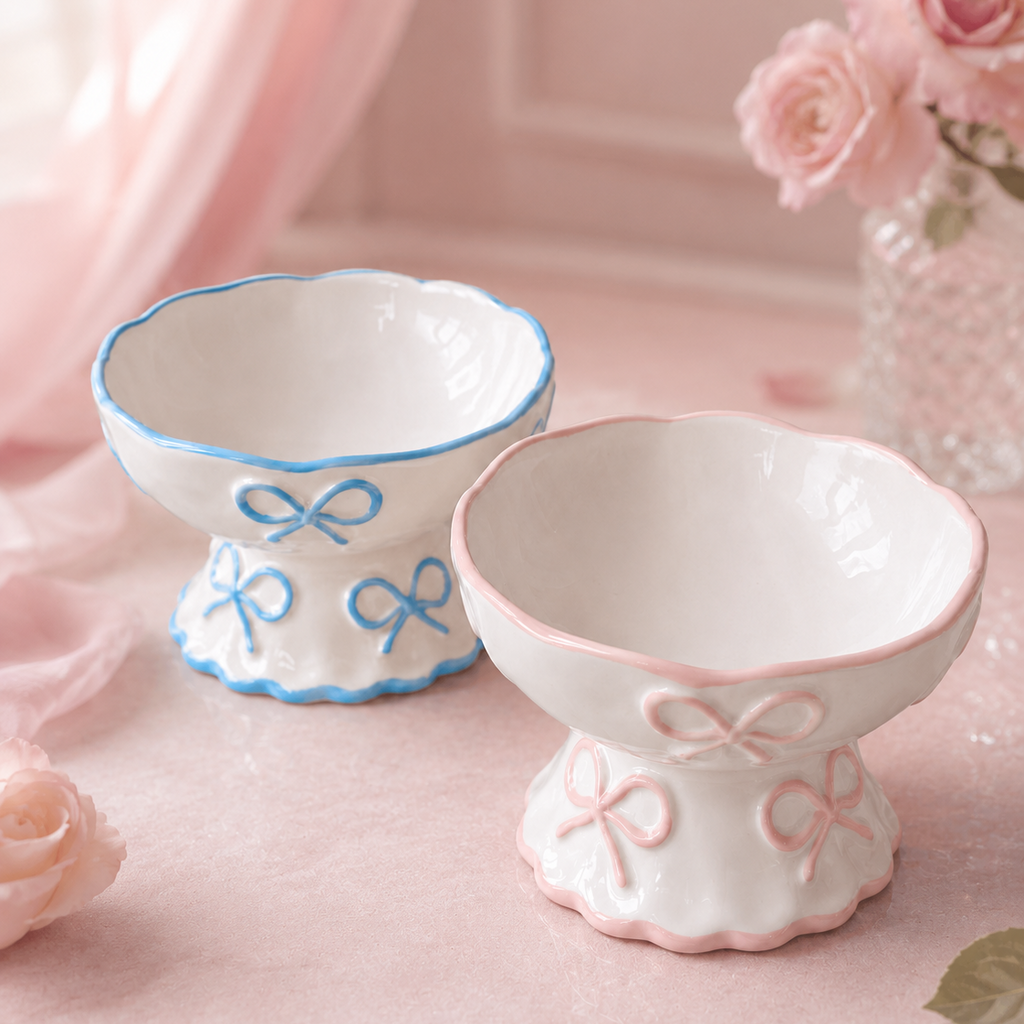 Cute Bow Ceramic Pet Bowl Elevated Princess Dog Cat Feeding Bowl