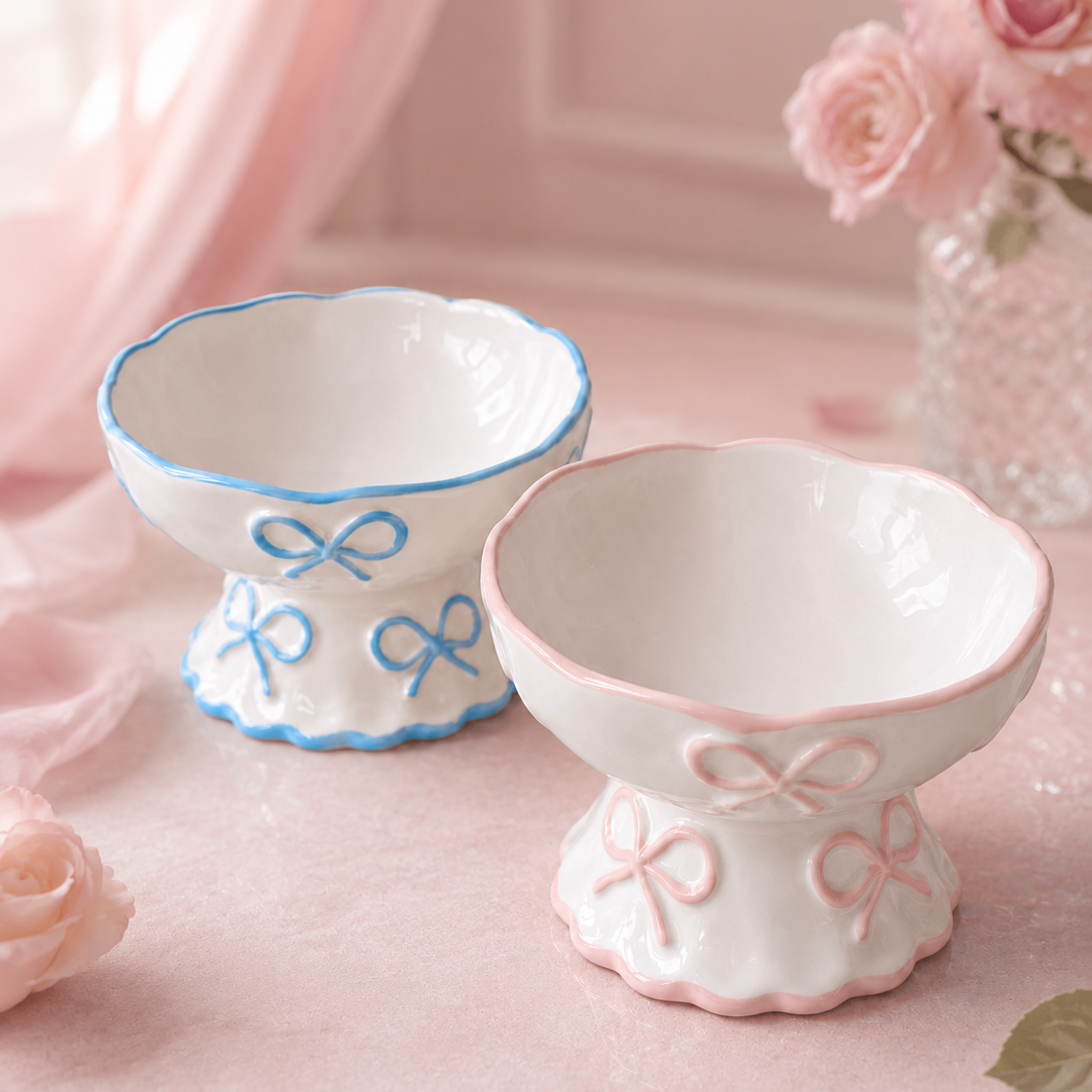 Cute Bow Ceramic Pet Bowl Elevated Princess Dog Cat Feeding Bowl