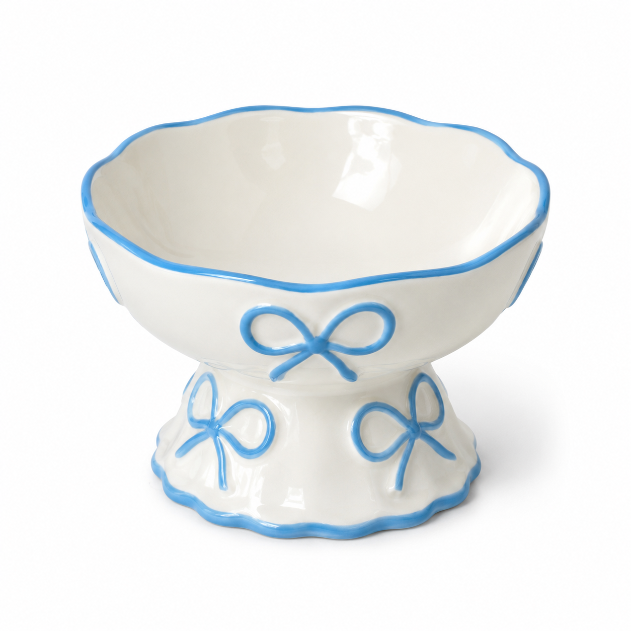 Cute Bow Ceramic Pet Bowl Elevated Princess Dog Cat Feeding Bowl Blue