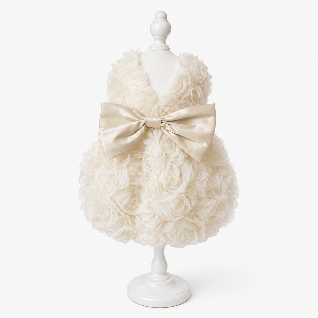 Rose Pet Dress with Satin Bow Beige