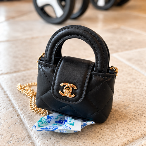 Boutique Mini Waste Bag Holder for Dogs – Quilted Pet Poop Bag Dispenser Purse with Gold Chain Black