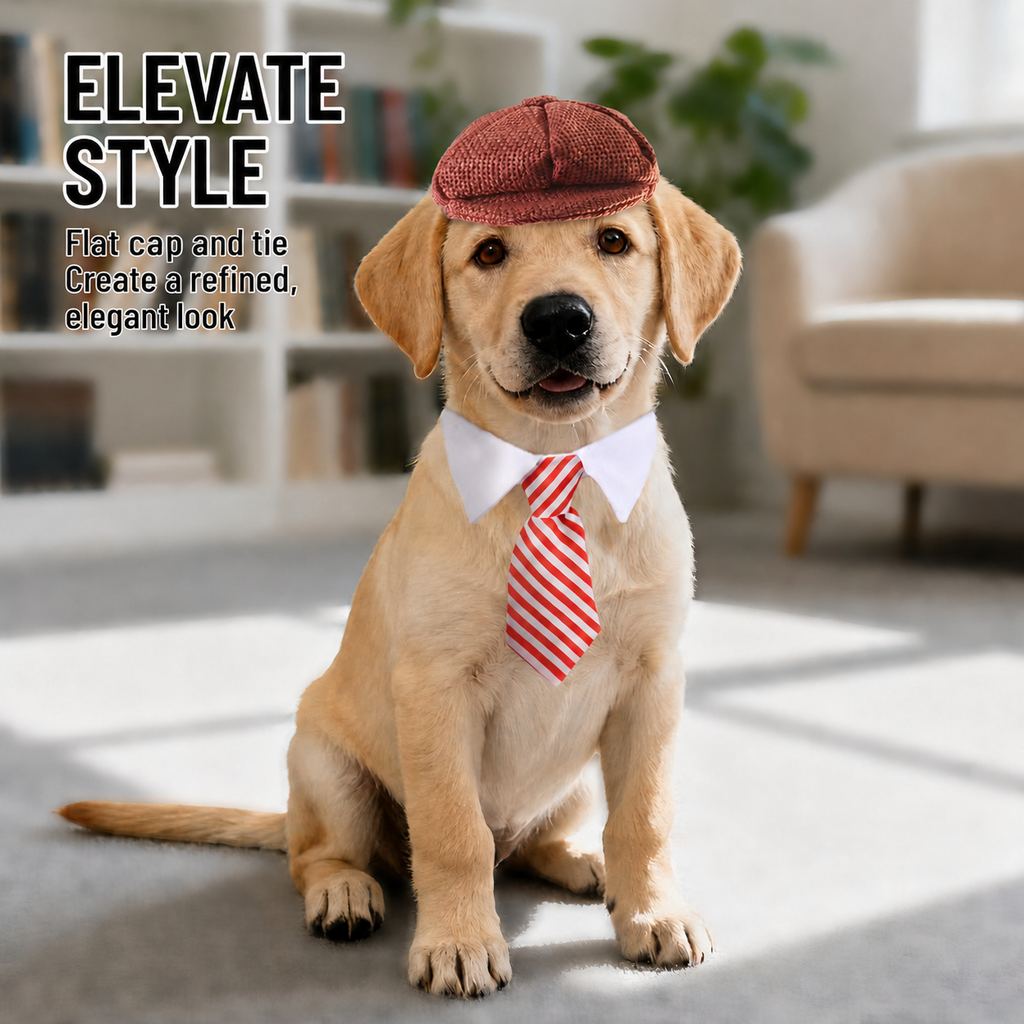 Vintage Flat Cap & Tie Set for Dogs and Cats Gentleman Pet Costume Accessories