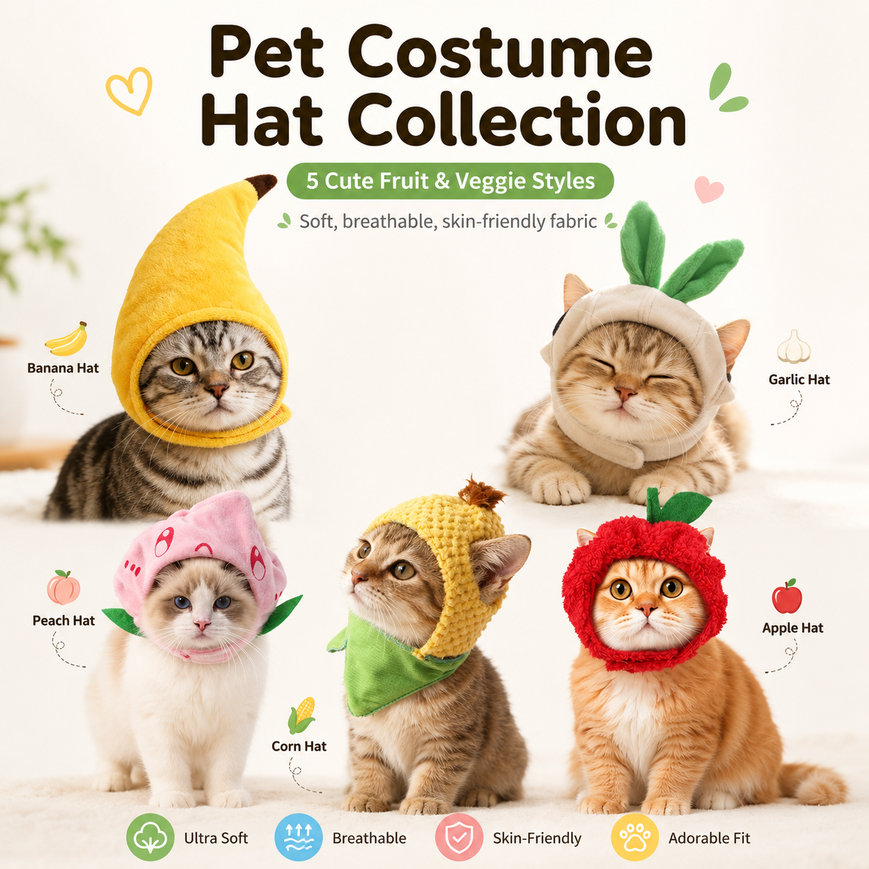 Cute Fruit & Vegetable Pet Hat Collection Banana Corn Peach Apple Cat Costume Hat for Cats & Small Dogs