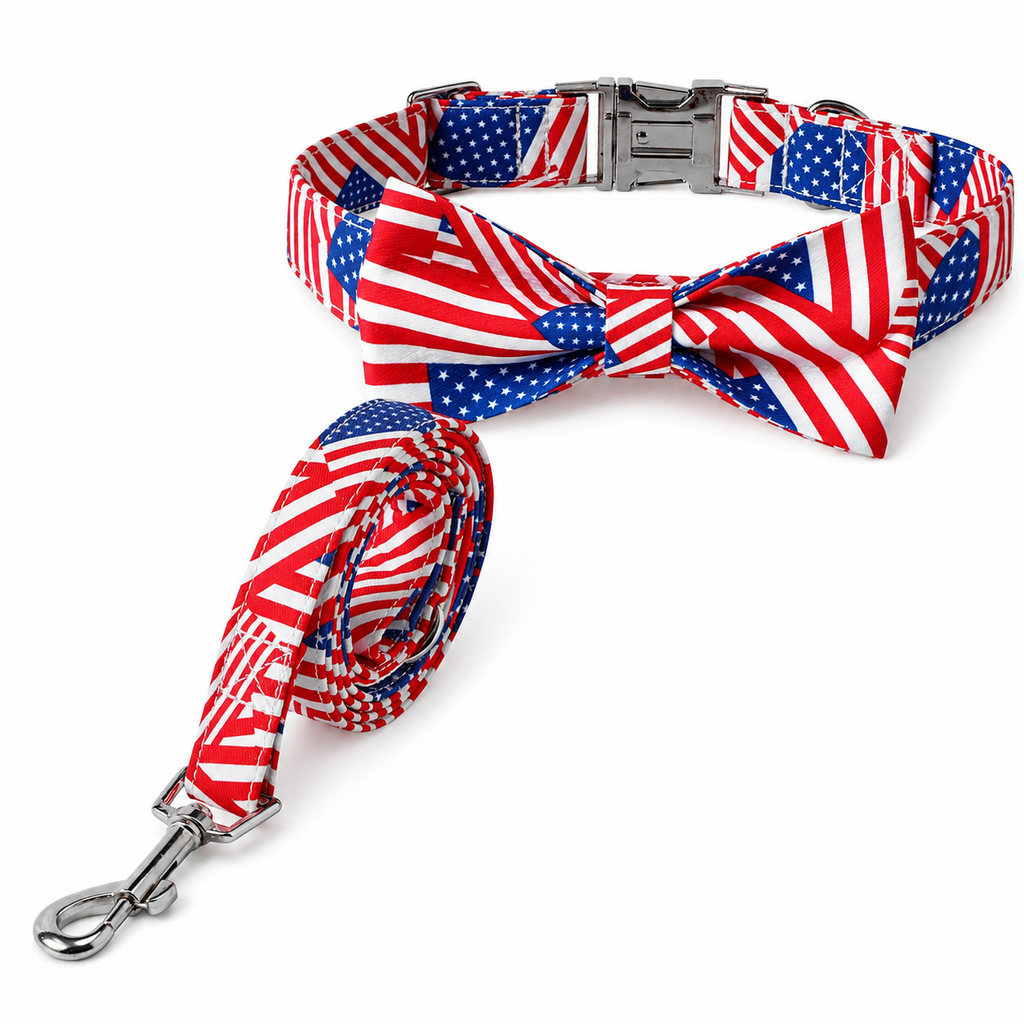 Patriotic USA Flag Dog Collar Set with Bow Tie & Leash – Adjustable Red White Blue Pet Collar for Independence Day