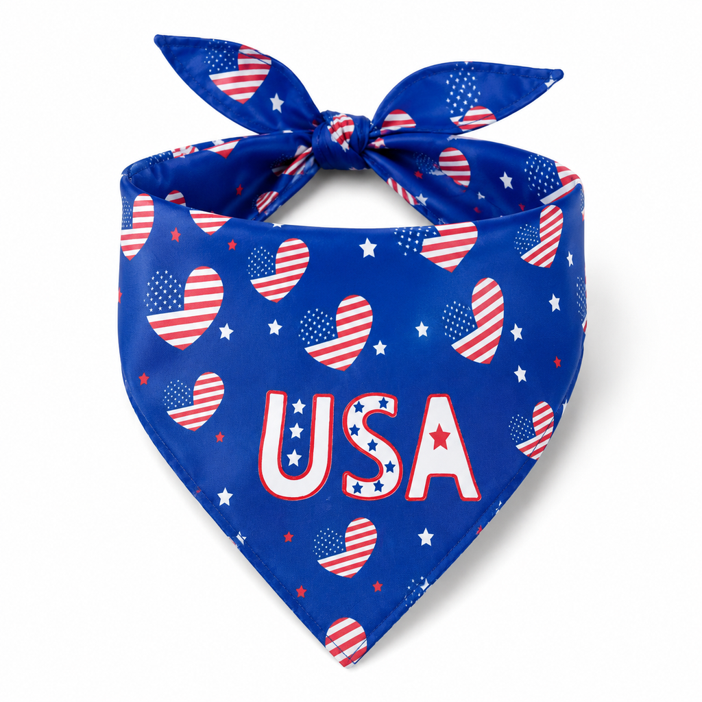 USA Patriotic Heart Print Dog Bandana Collar Scarf – Independence Day Pet Neckerchief for Small Medium Large Dogs blue