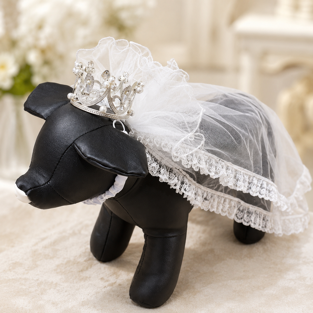 Luxury Pet Bridal Veil with Pearl Crown – Elegant Wedding Tiara Veil for Dogs & Cats