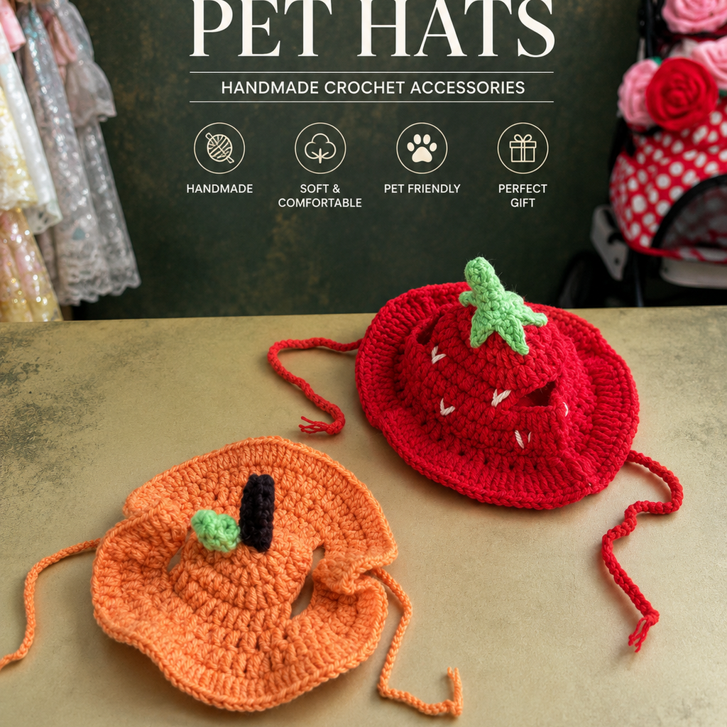 Handmade Crochet Fruit Dog Hat Set – Strawberry & Pumpkin Pet Bonnet Costume for Small Dogs and Cats