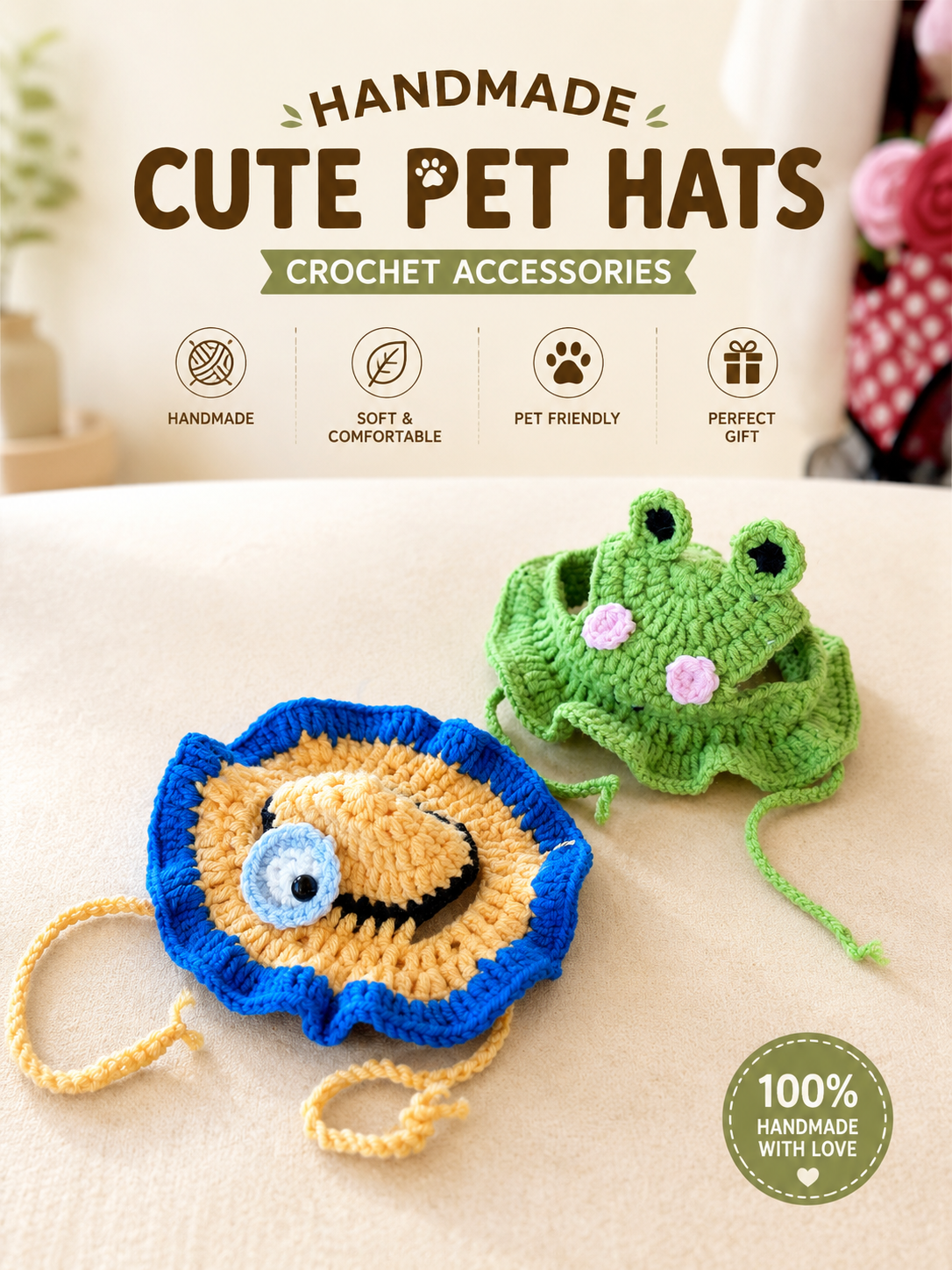 Handmade Crochet Frog & Cartoon-Inspired Dog Hat – Cute Knit Pet Bonnet for Small Dogs & Cats