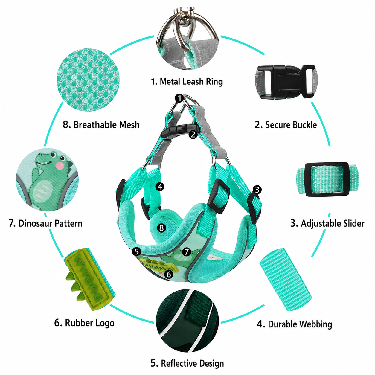 Cute Dinosaur Dog Harness & Leash Set – Breathable Adjustable Pet Vest Harness