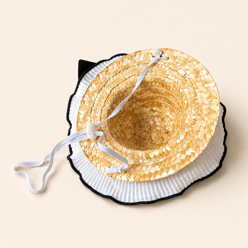Elegant Lace Straw Pet Hat – Vintage Dog Sun Hat with Black Bow & Camellia Flower