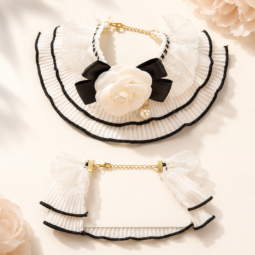 Elegant Lace Pet Collar with Camellia Flower – Vintage Dog & Cat Ruffle Necklace