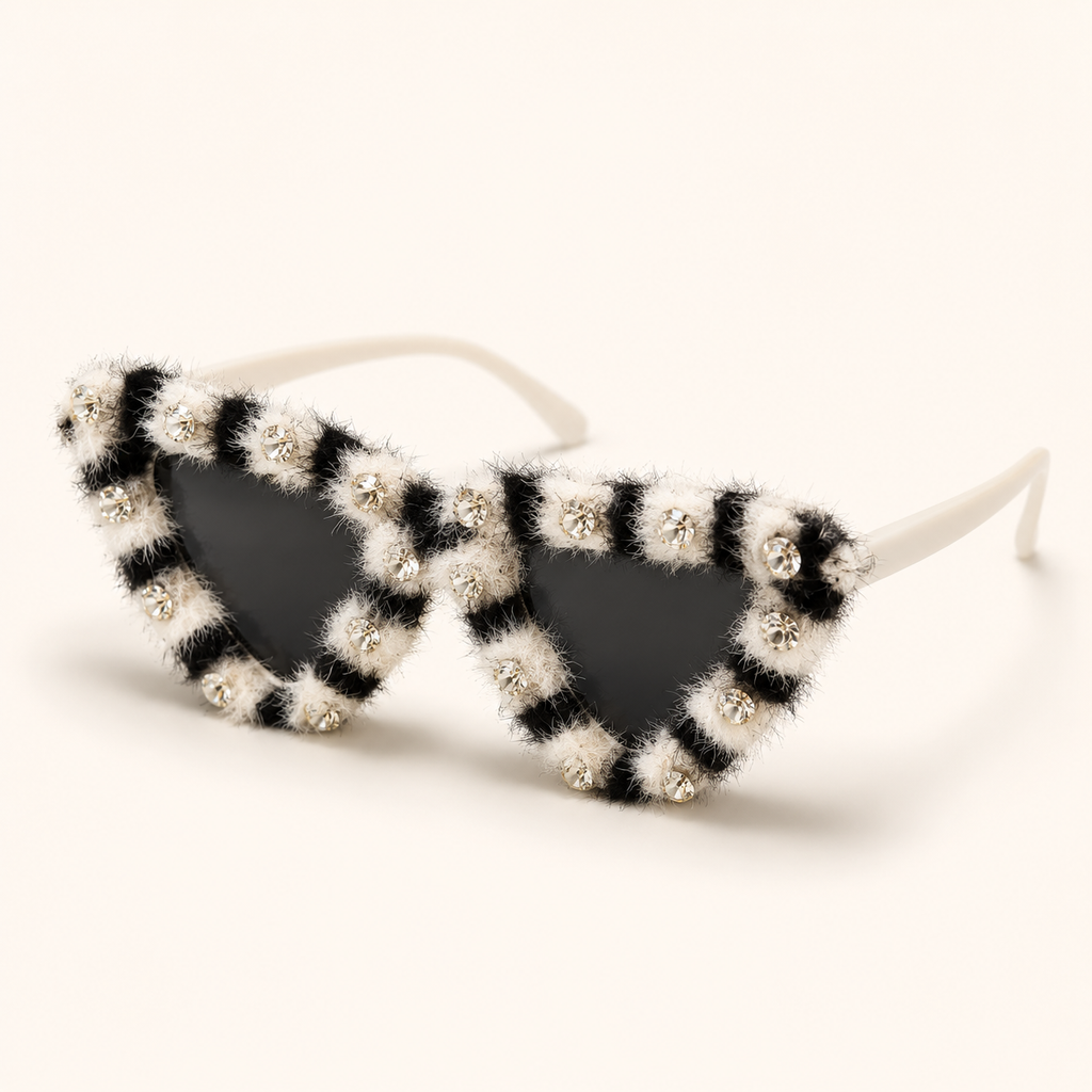 Luxury Pet Cat Eye Sunglasses – Rhinestone Furry Zebra Fashion Dog Glasses