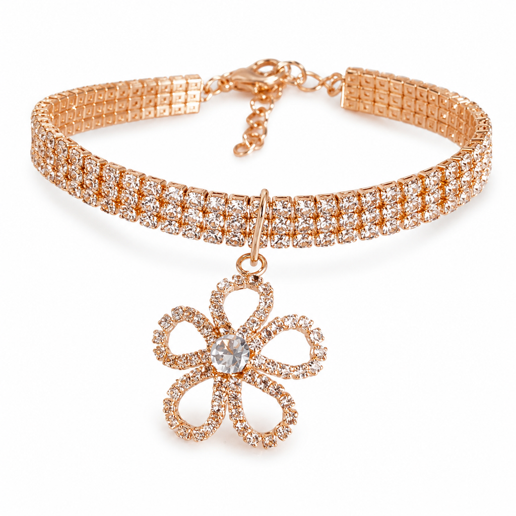 Luxury Crystal Flower Pet Necklace – Rhinestone Gold Dog & Cat Jewelry Collar