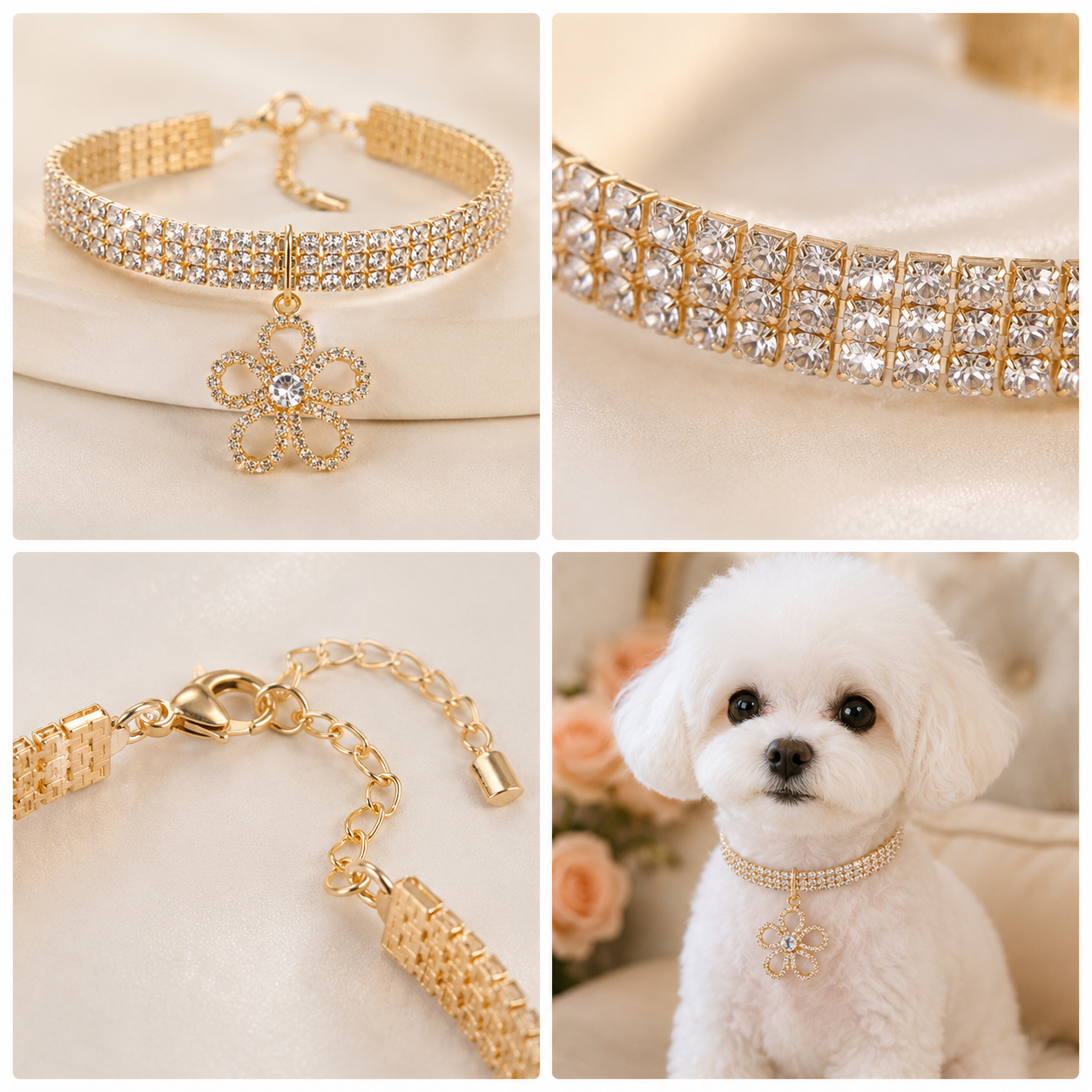 Luxury Crystal Flower Pet Necklace – Rhinestone Gold Dog & Cat Jewelry Collar