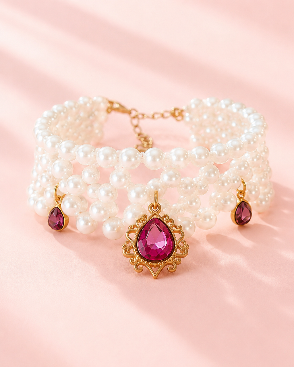 Pearl Pet Necklace with Gem Pendant hot pink