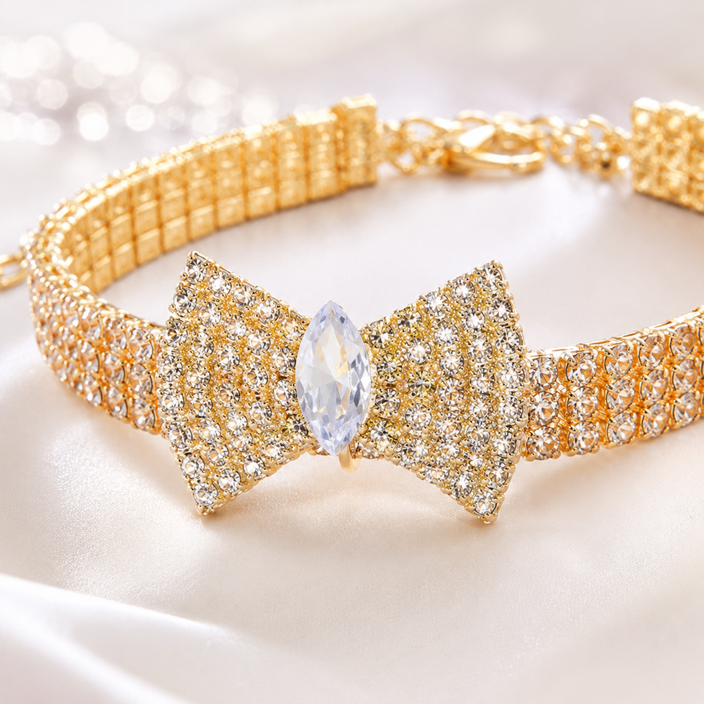 Gold Crystal Bow Pet Necklace – Glamorous & Chic