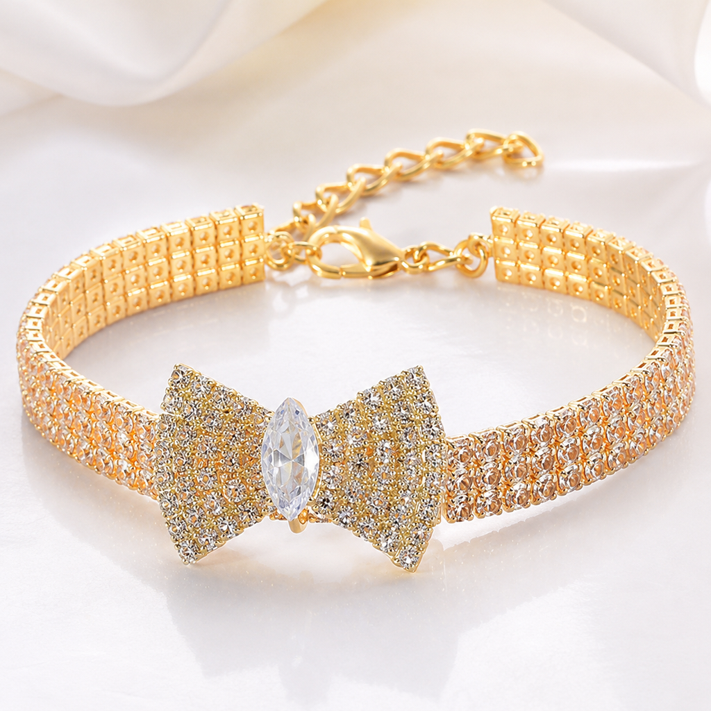 Gold Crystal Bow Pet Necklace – Glamorous & Chic