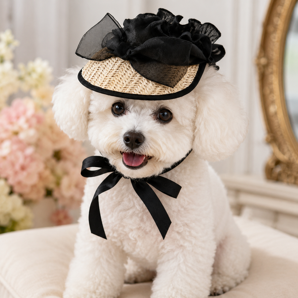Elegant Black Lace Straw Pet Hat for Dogs & Cats - Wedding, Tea Party, Birthday & Photo Prop Accessory