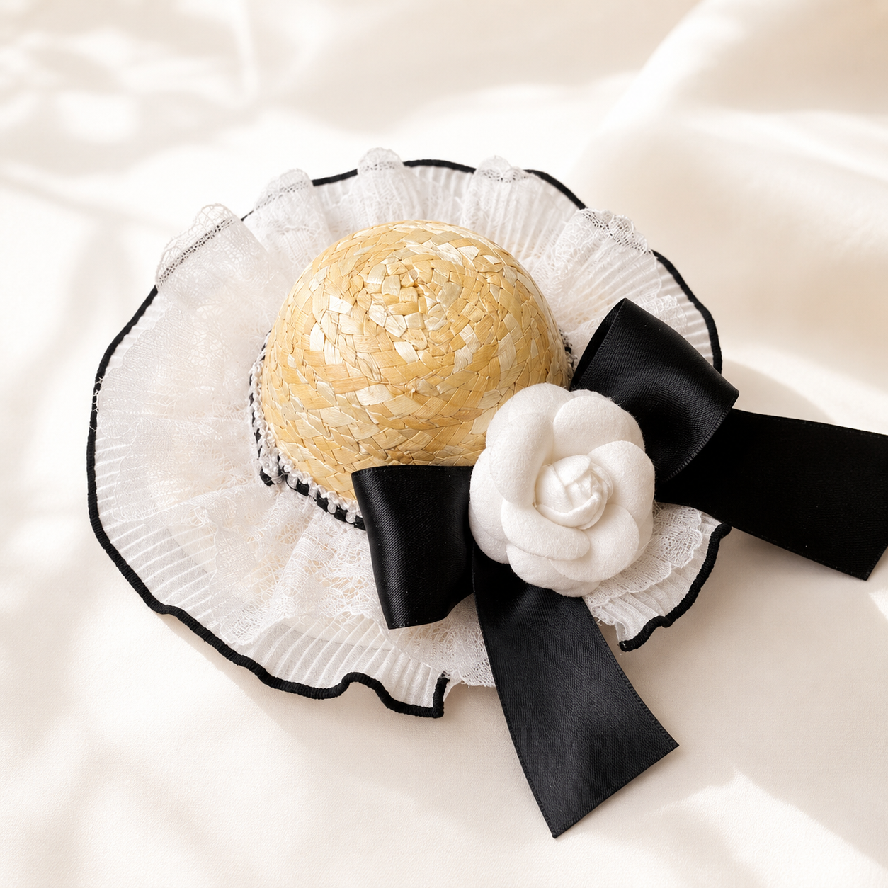 Elegant Lace Straw Pet Hat – Vintage Dog Sun Hat with Black Bow & Camellia Flower