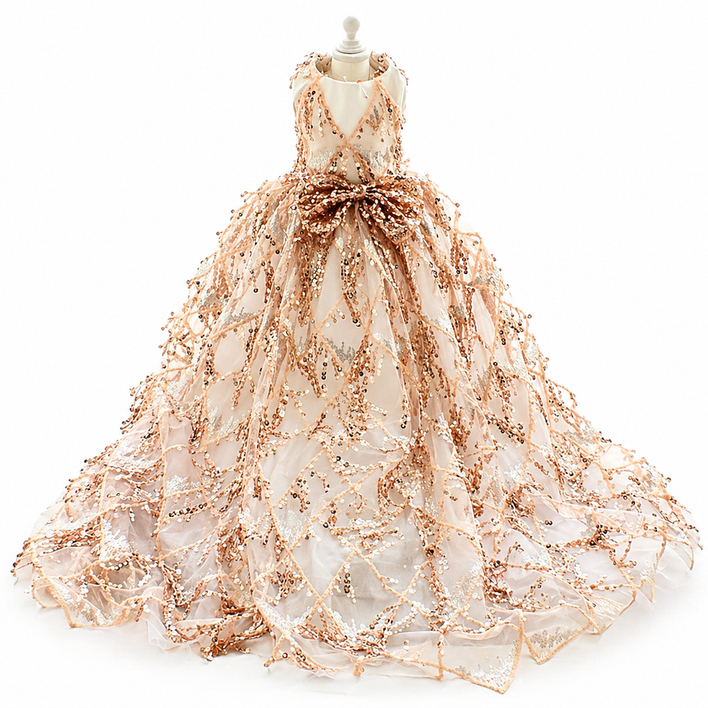 Handmade Luxury Sequin Dog Evening Dress with Train – Couture Gold Pet Gown for Weddings & Red Carpet Style