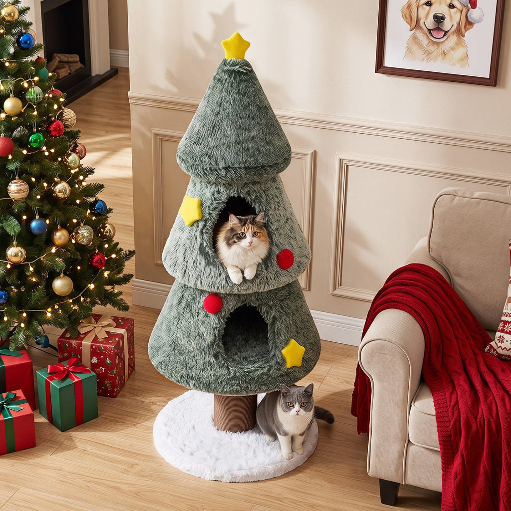 Christmas Cat Tree with 2 Condos & Scratching Post
