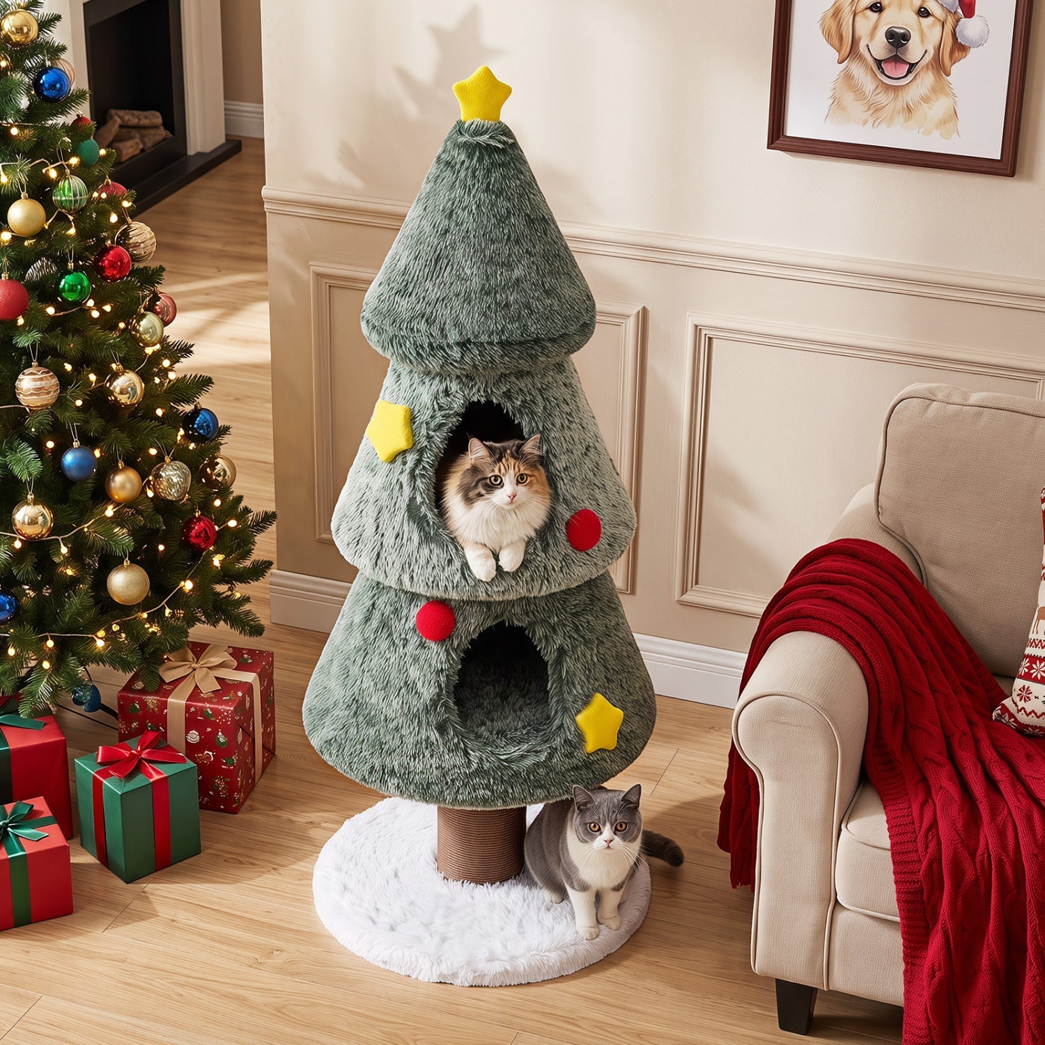 Christmas Cat Tree with 2 Condos & Scratching Post