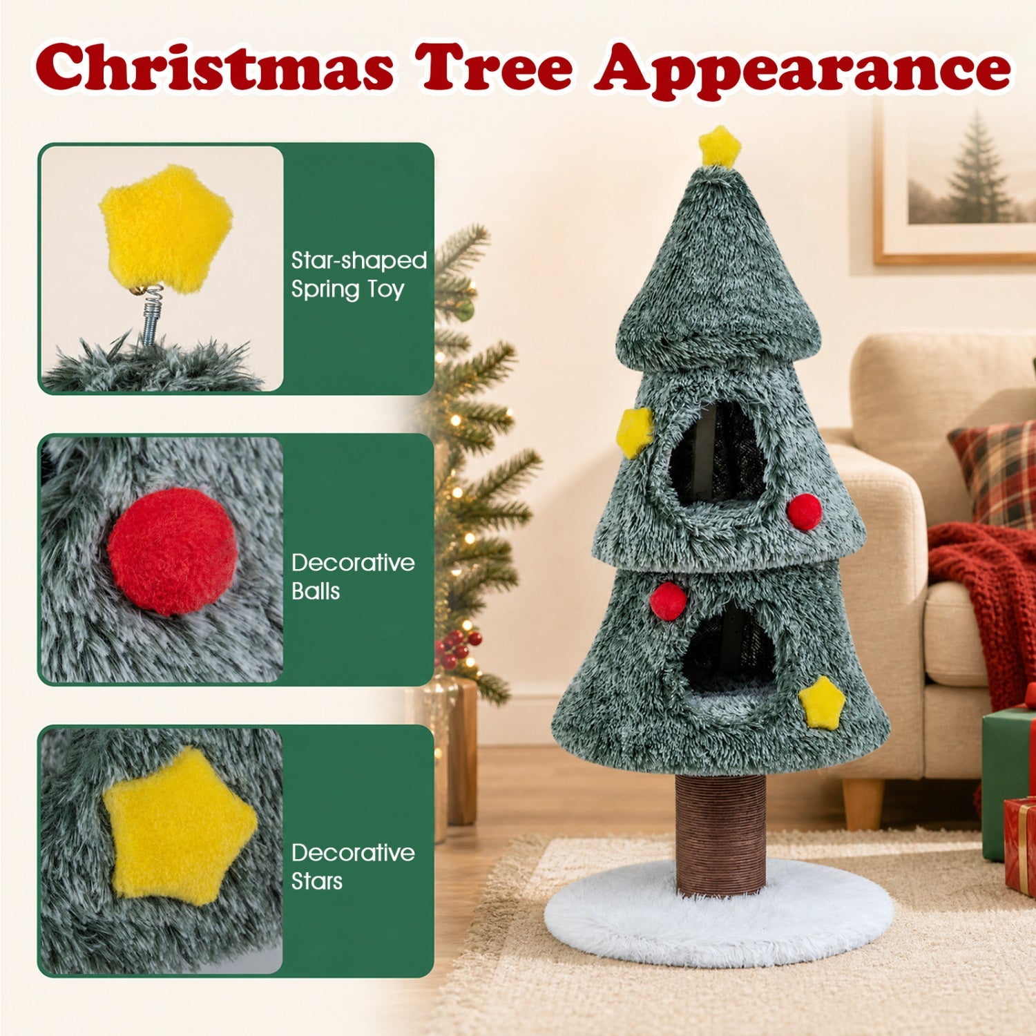 Christmas Cat Tree with 2 Condos & Scratching Post