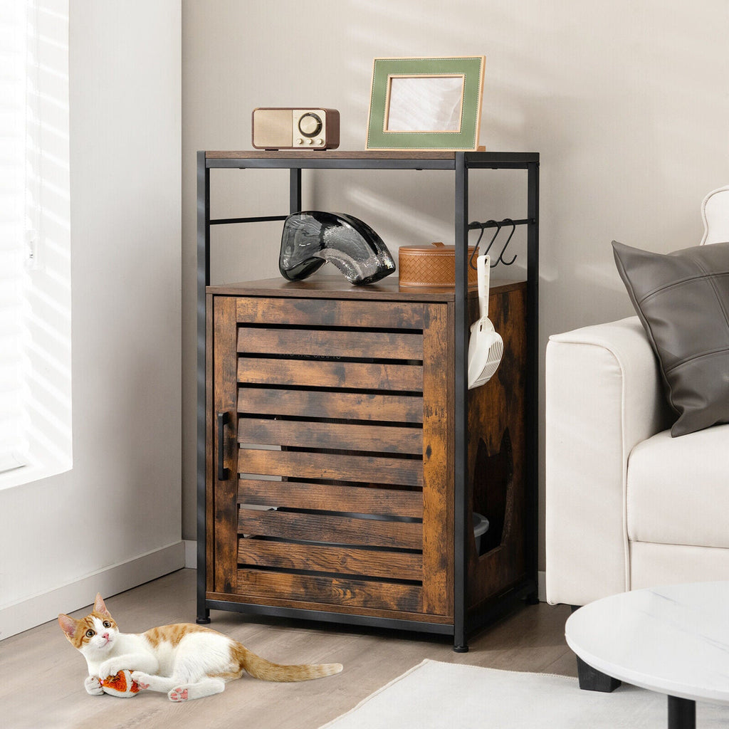 Cat Litter Box Enclosure with Louvered Door and 3-Tier Shelf