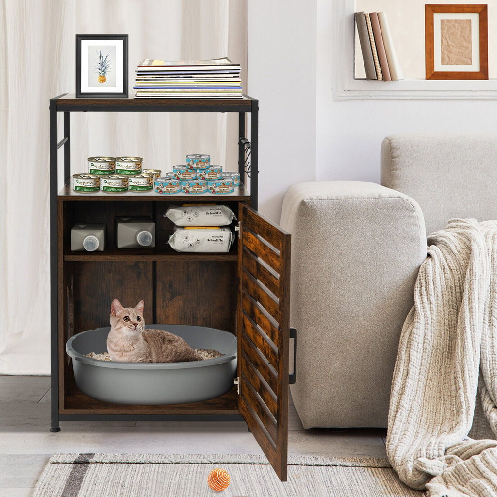 Cat Litter Box Enclosure with Louvered Door and 3-Tier Shelf