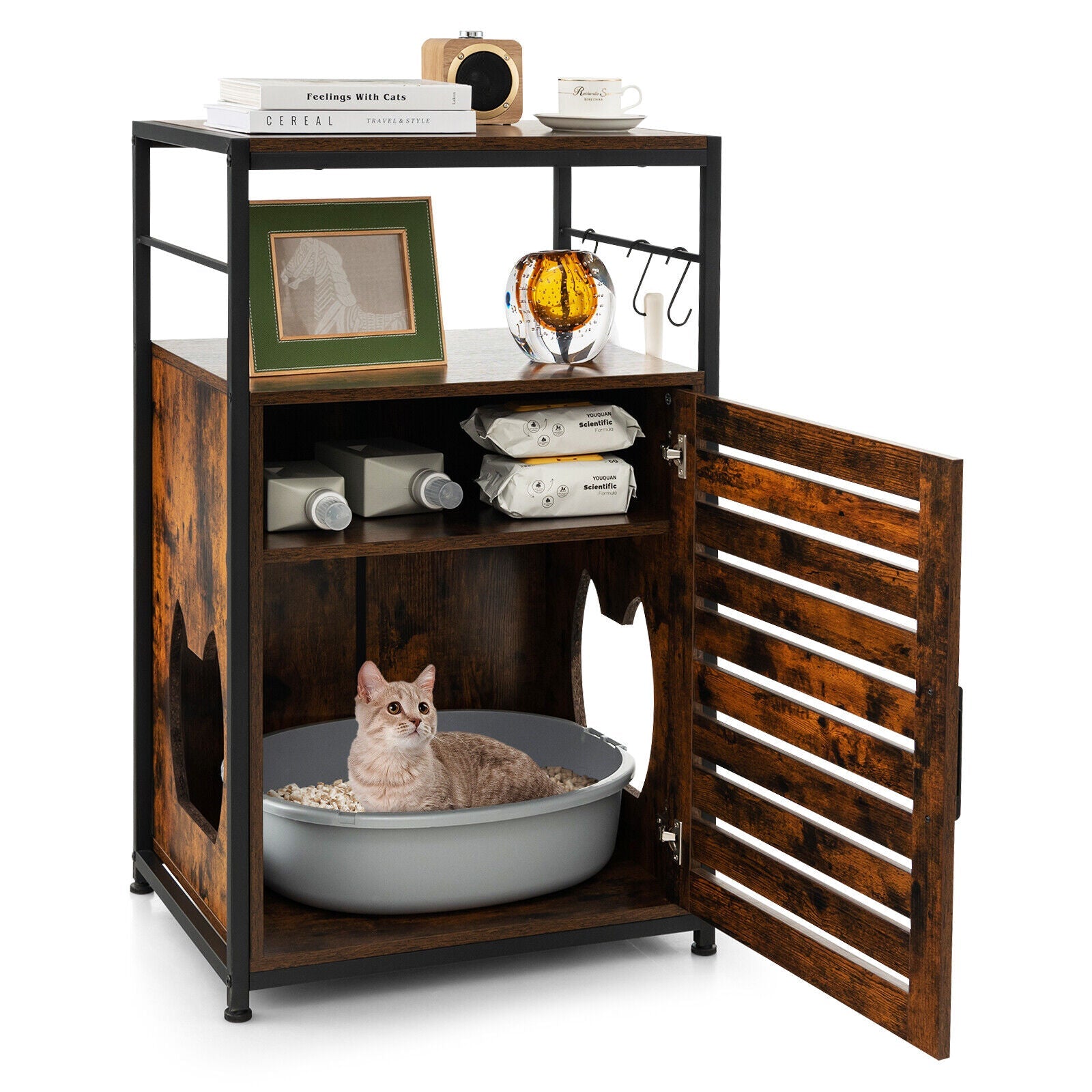 Cat Litter Box Enclosure with Louvered Door and 3-Tier Shelf Coffee