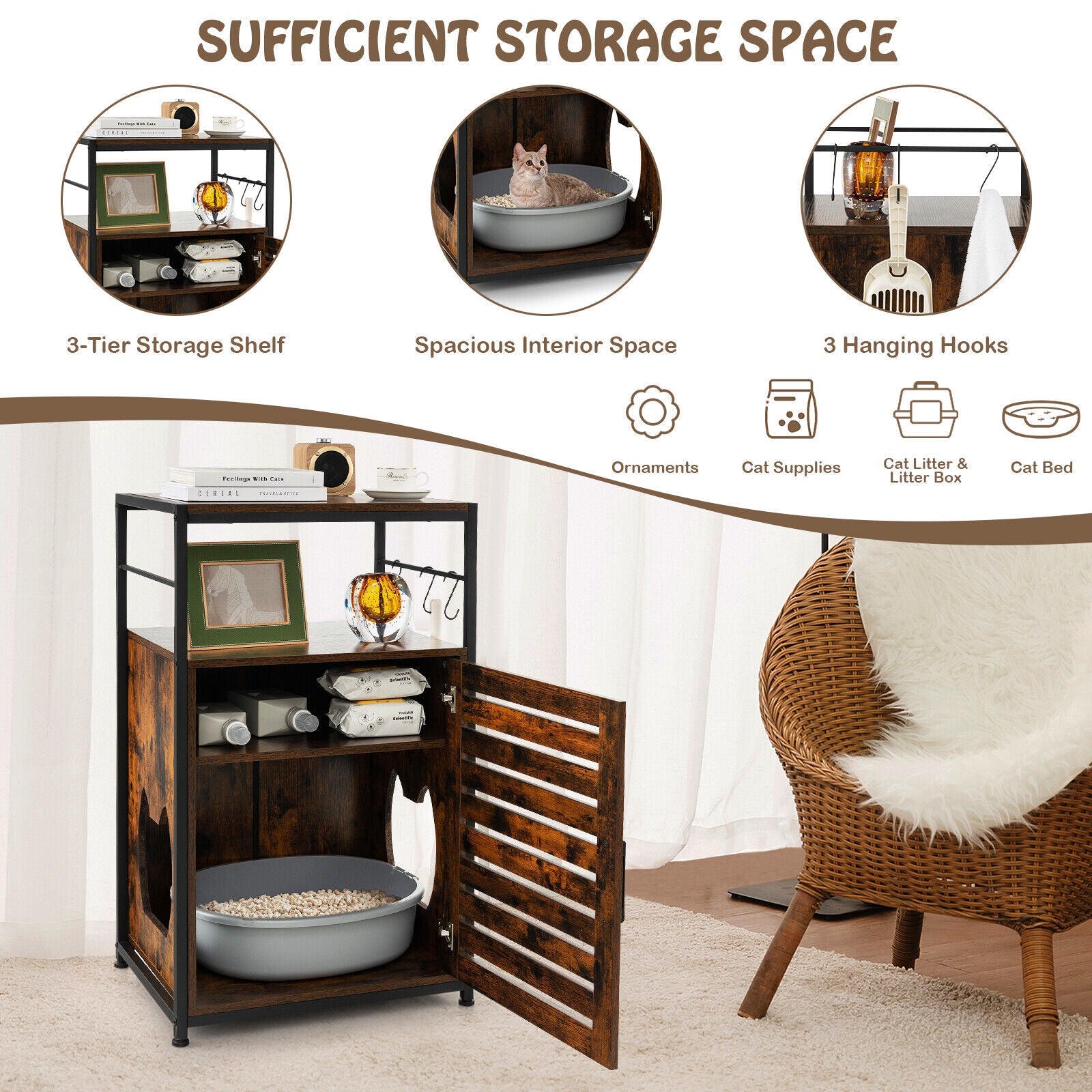 Cat Litter Box Enclosure with Louvered Door and 3-Tier Shelf