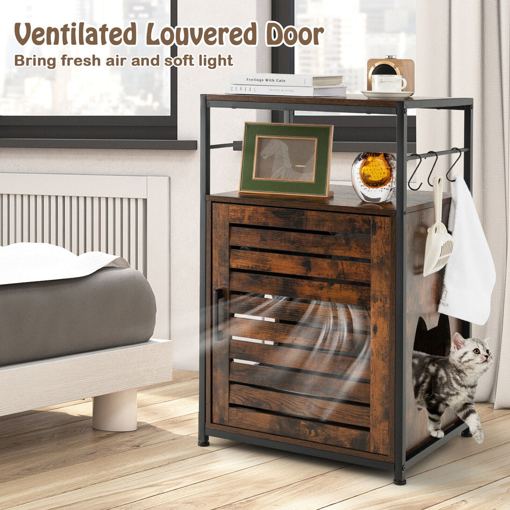 Cat Litter Box Enclosure with Louvered Door and 3-Tier Shelf