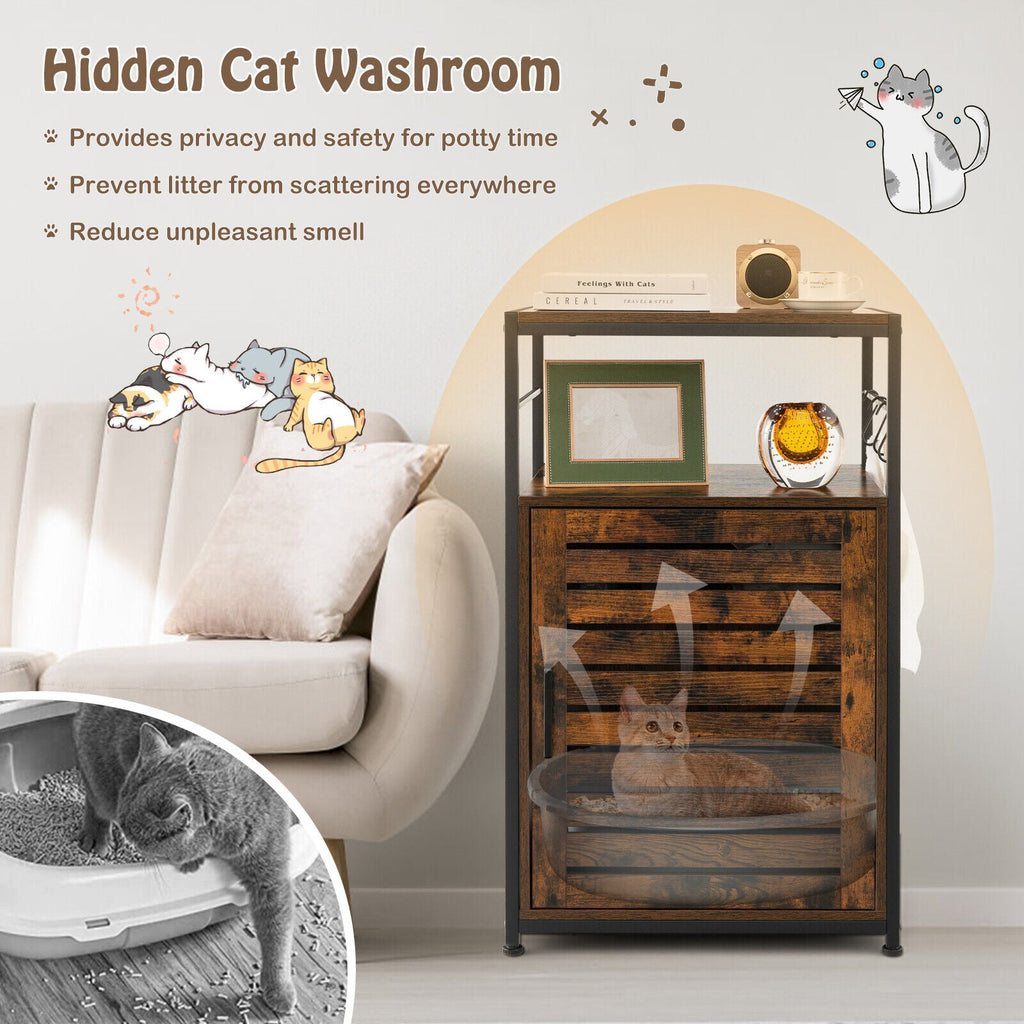 Cat Litter Box Enclosure with Louvered Door and 3-Tier Shelf