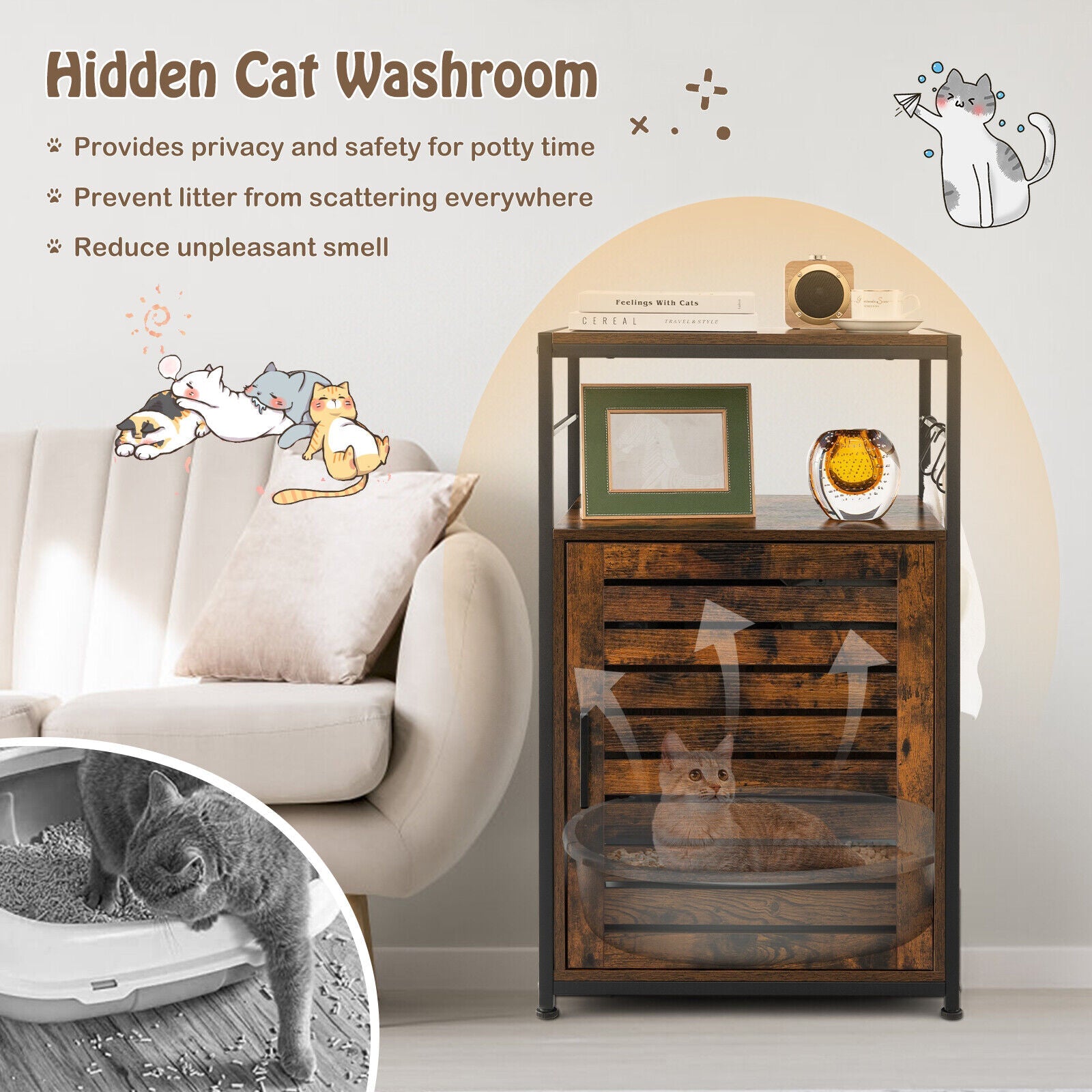 Cat Litter Box Enclosure with Louvered Door and 3-Tier Shelf