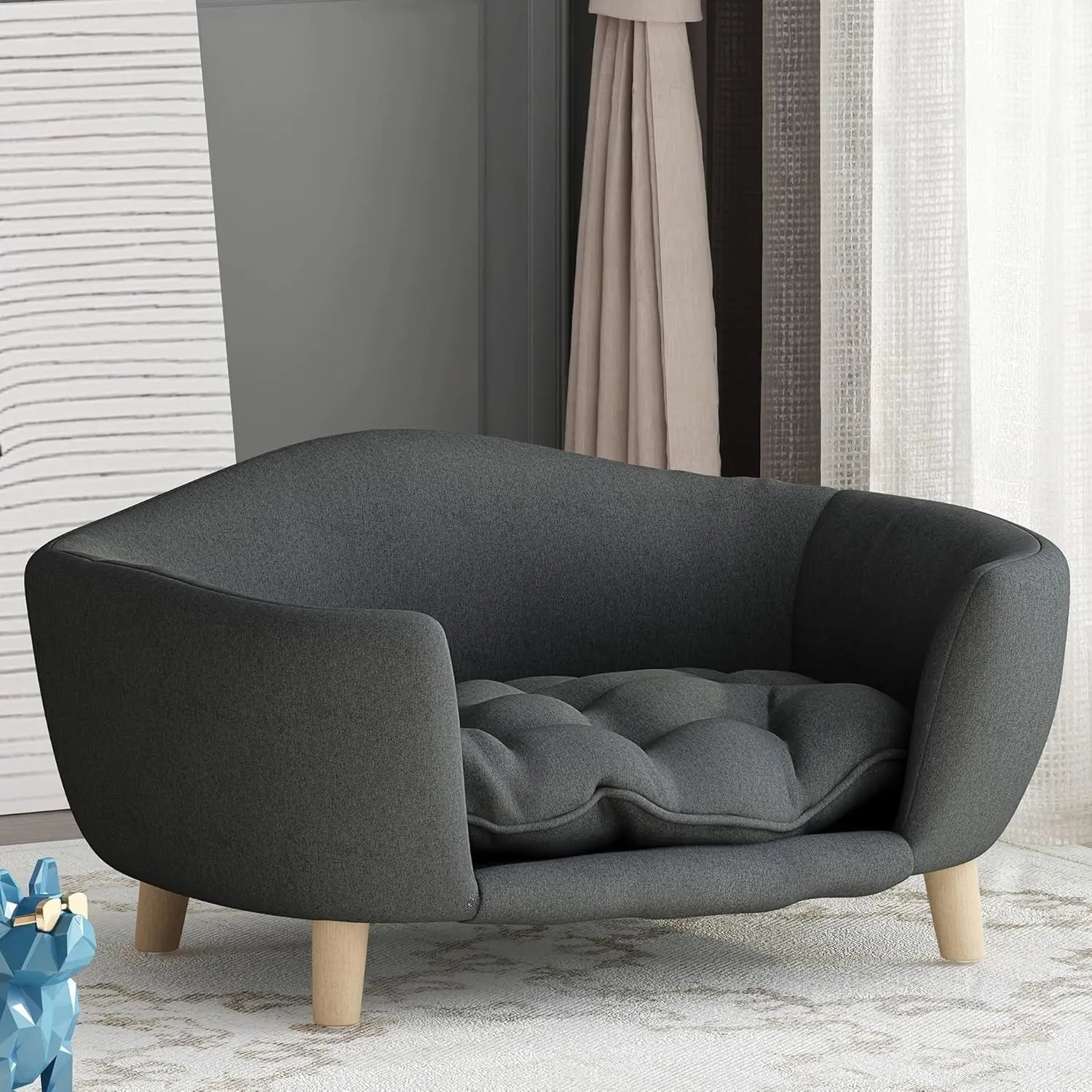 Elevated Dog Sofa Bed Corduroy Pet Couch with Wooden Legs 30 Inch Dark Gray