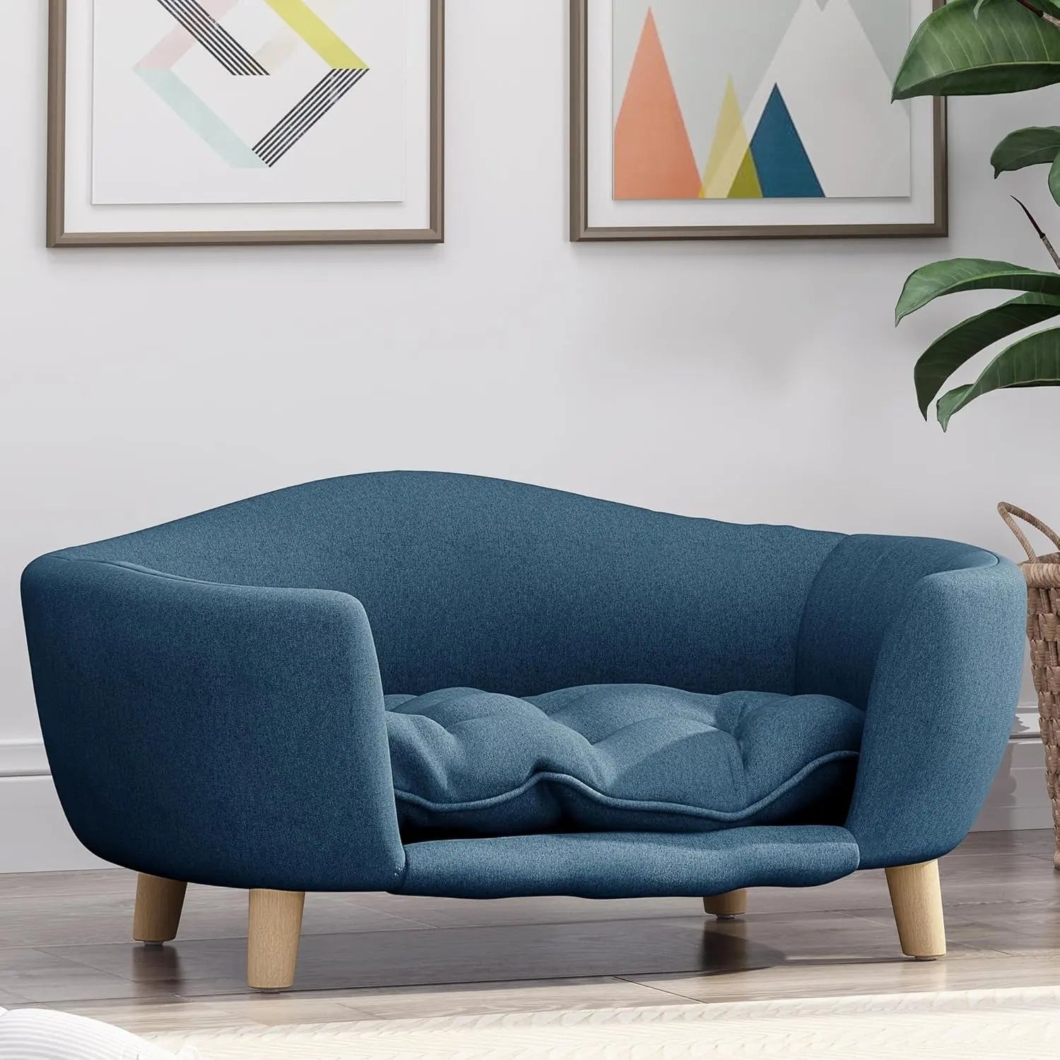 Elevated Dog Sofa Bed Corduroy Pet Couch with Wooden Legs 30 Inch Navy Blue