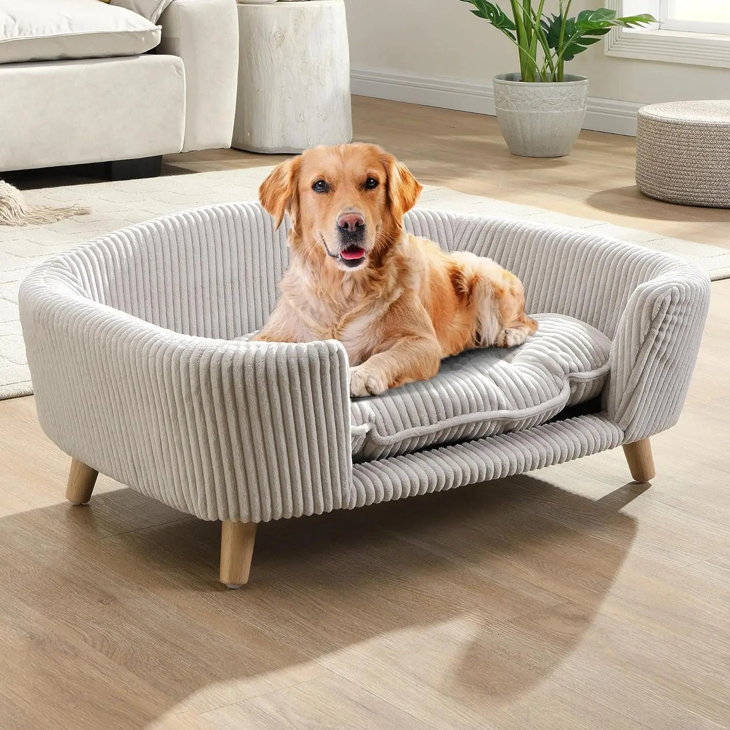 Elevated Dog Sofa Bed Corduroy Pet Couch with Wooden Legs 30 Inch Beige