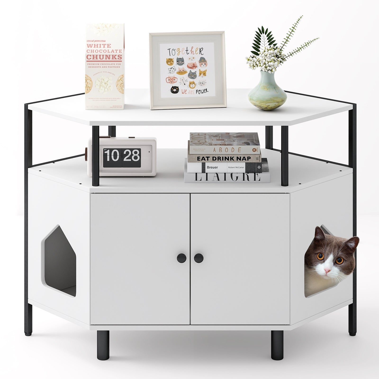 Corner Cat Litter Box Enclosure with Open Shelf 2 Entrances and Metal Legs White