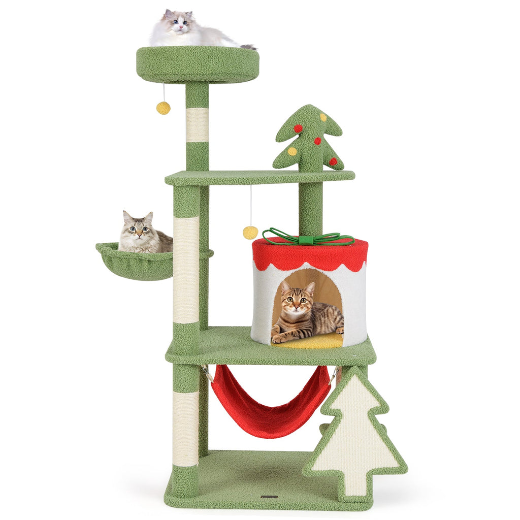 Cute Christmas Cat Tree with Sisal Scratching Posts and Gift Box Shaped Condo-Green Default Title