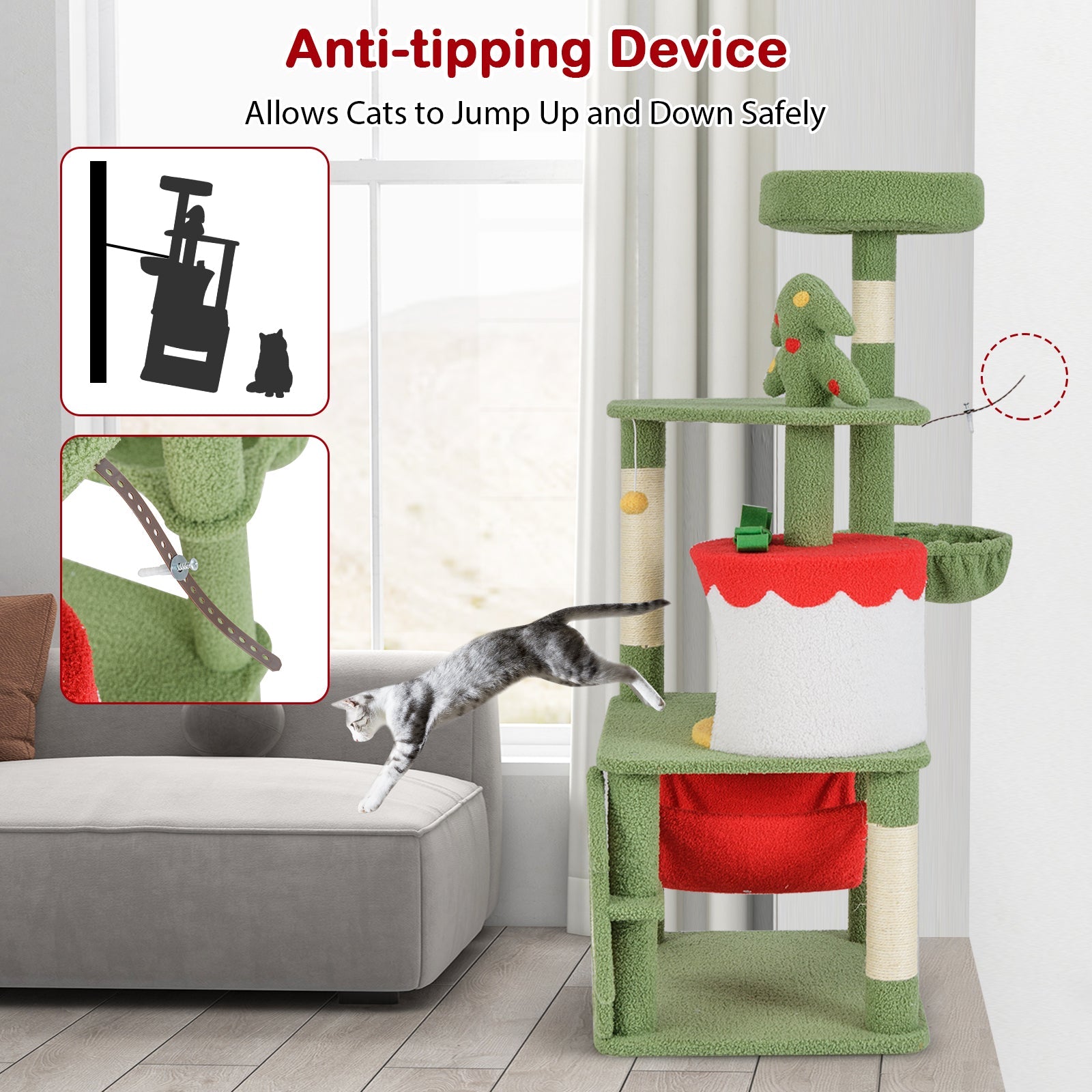 Cute Christmas Cat Tree with Sisal Scratching Posts and Gift Box Shaped Condo-Green