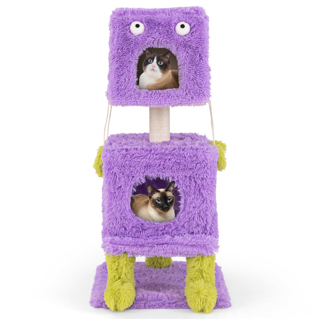Cute Monster-Themed Cat Tower with 2 Private Condos for Small Place-Purple Default Title